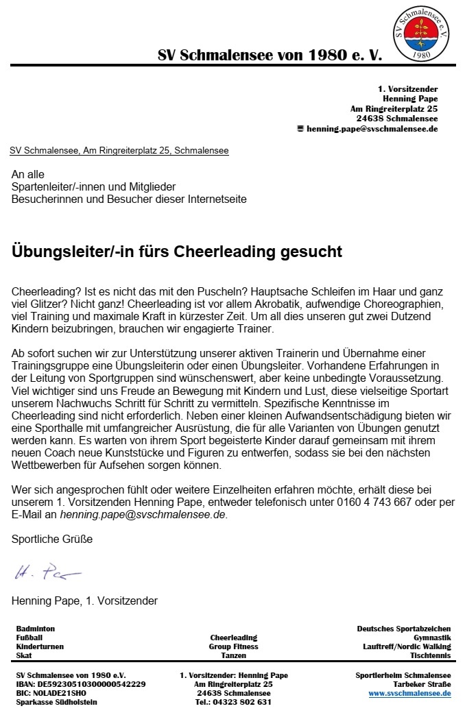 SVS Anzeige Übungsleiterin Cheerleading 30.09.2018